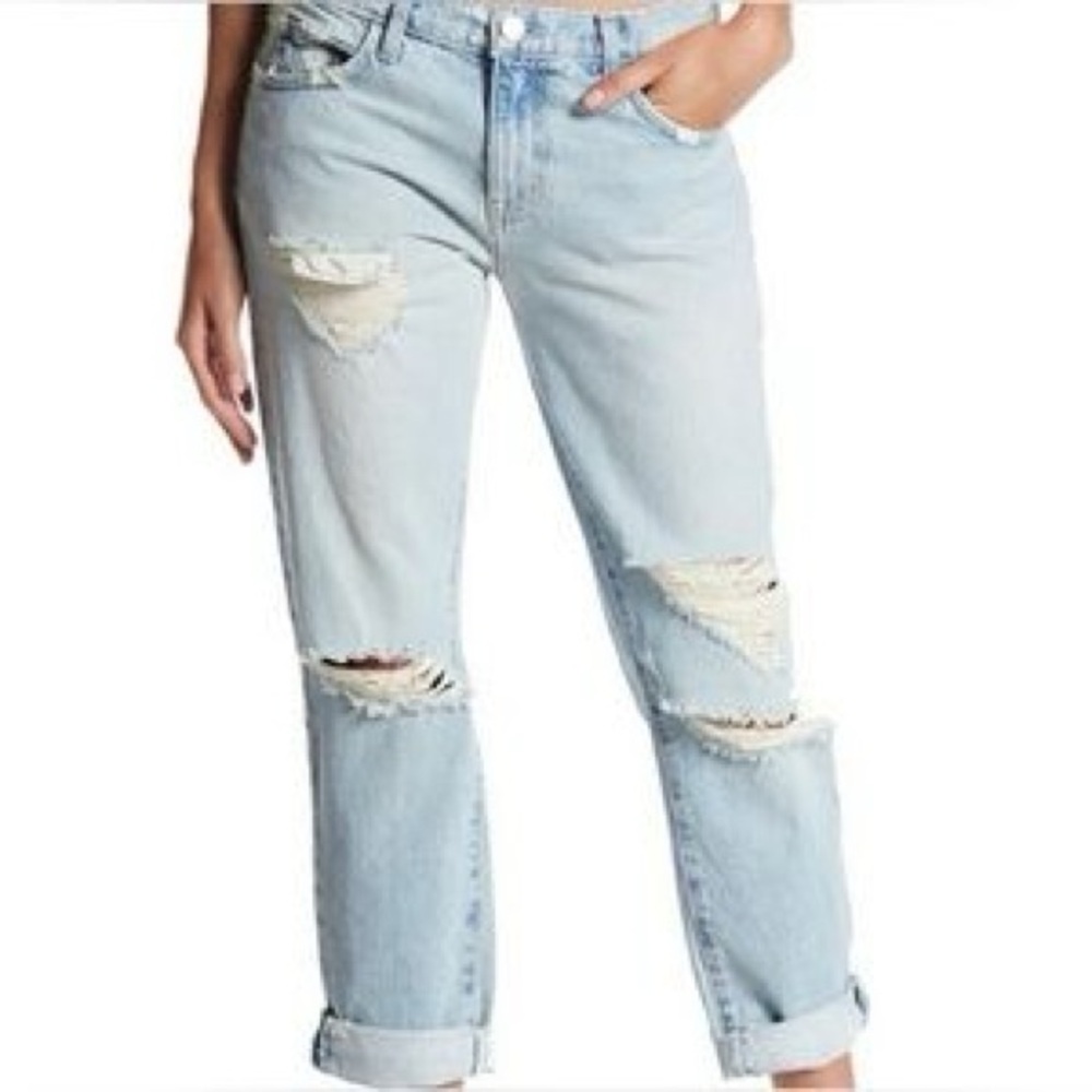 Current/Elliott Light Blue Trash Wash Boyfriend Jeans Distressed Relaxed Fit